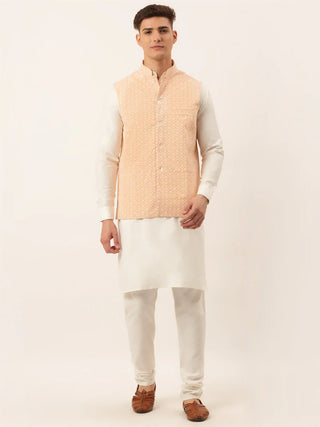 Jompers Men's White Cotton Blend Kurta with Pyjamas & Orange Embroidered Nehru Jacket - Distacart