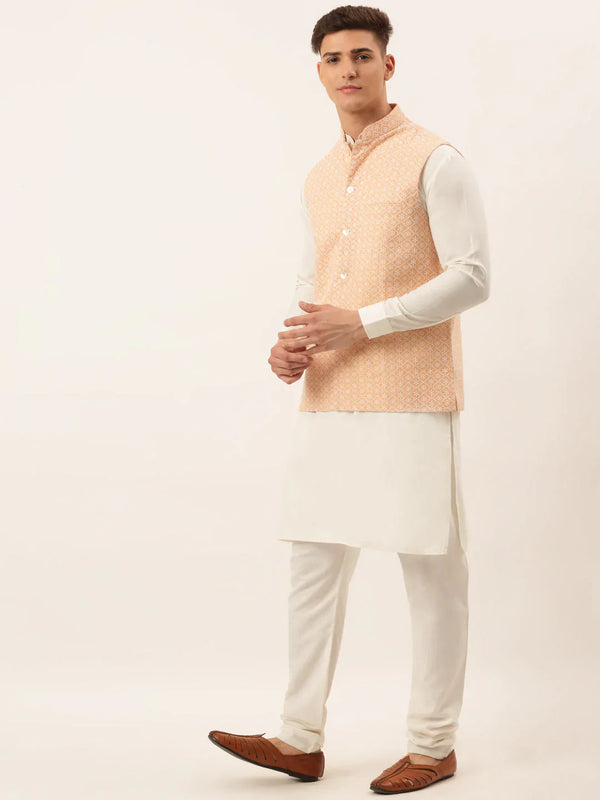 Jompers Men's White Cotton Blend Kurta with Pyjamas & Orange Embroidered Nehru Jacket - Distacart