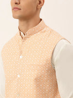 Thumbnail for Jompers Men's White Cotton Blend Kurta with Pyjamas & Orange Embroidered Nehru Jacket - Distacart