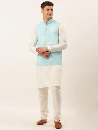 Jompers Men's White Cotton Blend Kurta with Pyjamas & Sky Blue Embroidered Nehru Jacket - Distacart