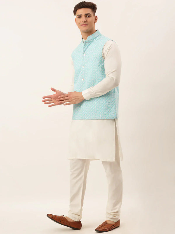 Jompers Men's White Cotton Blend Kurta with Pyjamas & Sky Blue Embroidered Nehru Jacket - Distacart
