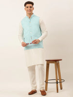Thumbnail for Jompers Men's White Cotton Blend Kurta with Pyjamas & Sky Blue Embroidered Nehru Jacket - Distacart