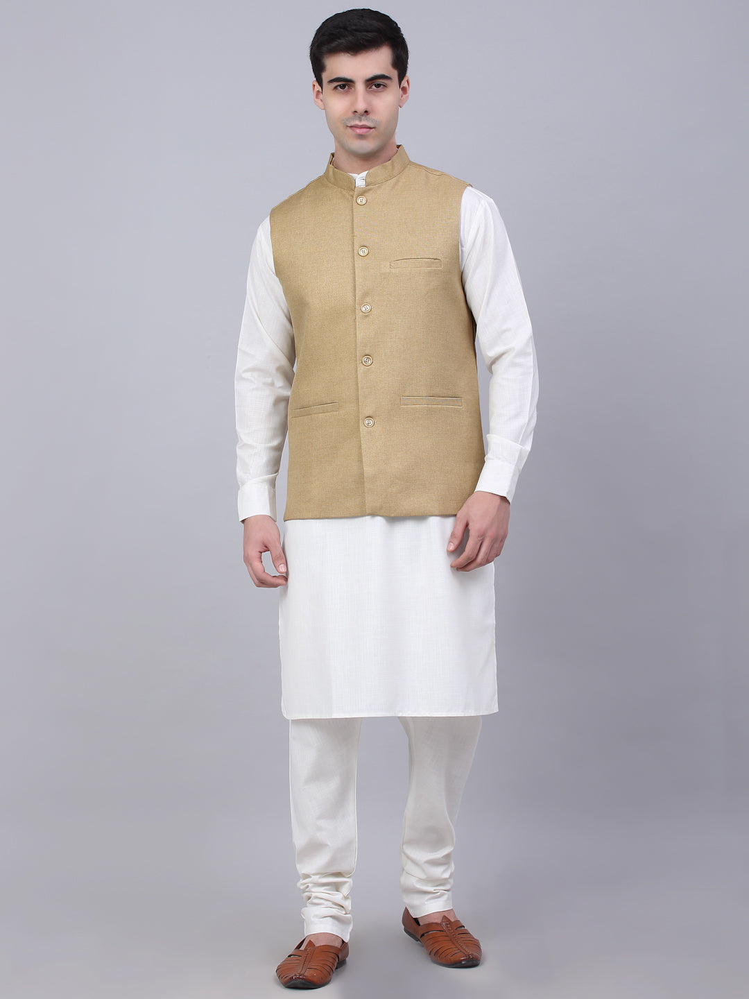 Jompers Men's Solid Kurta Pyjama With Nehru Jacket - Beige - Distacart