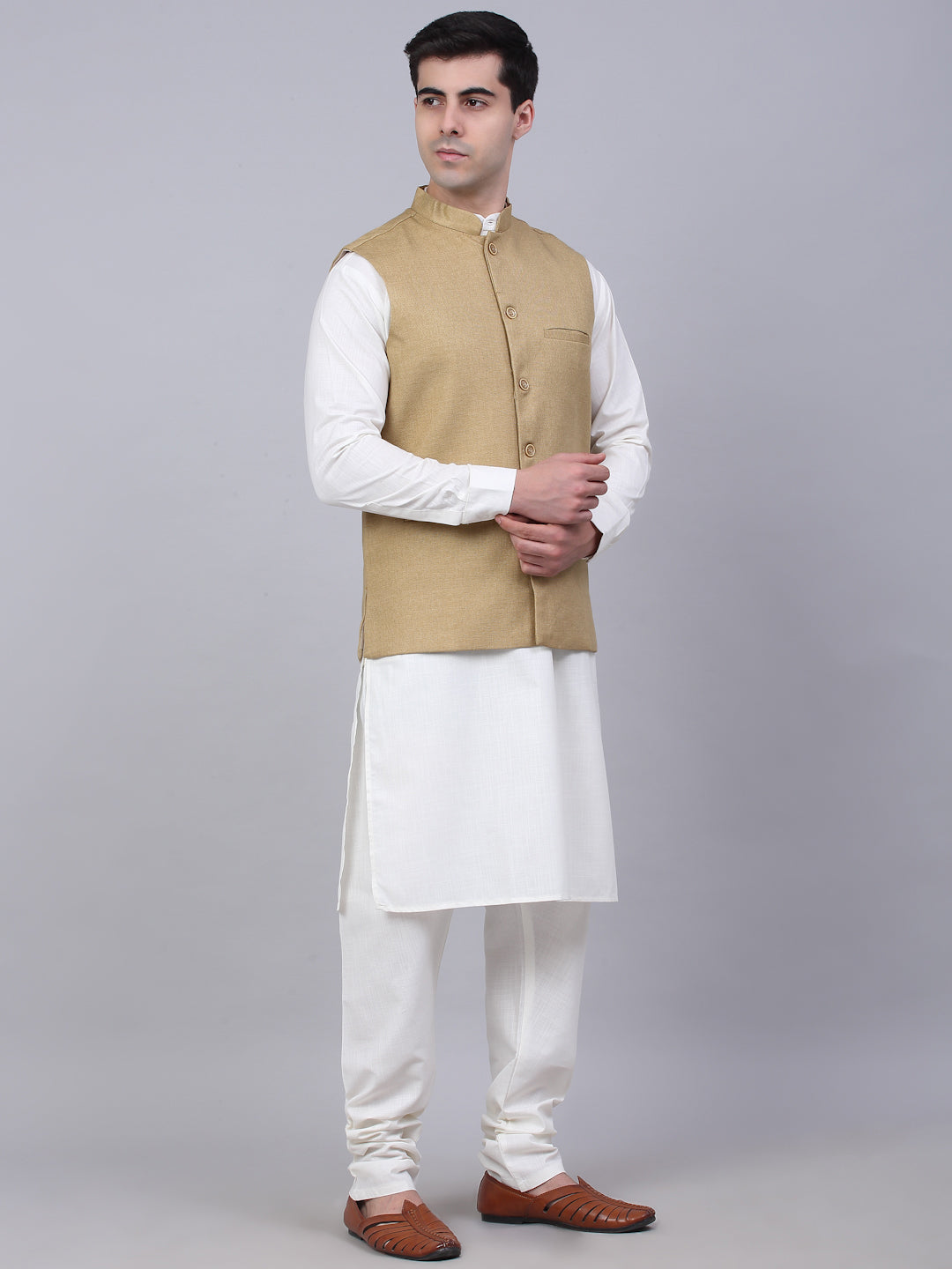 Jompers Men's Solid Kurta Pyjama With Nehru Jacket - Beige - Distacart