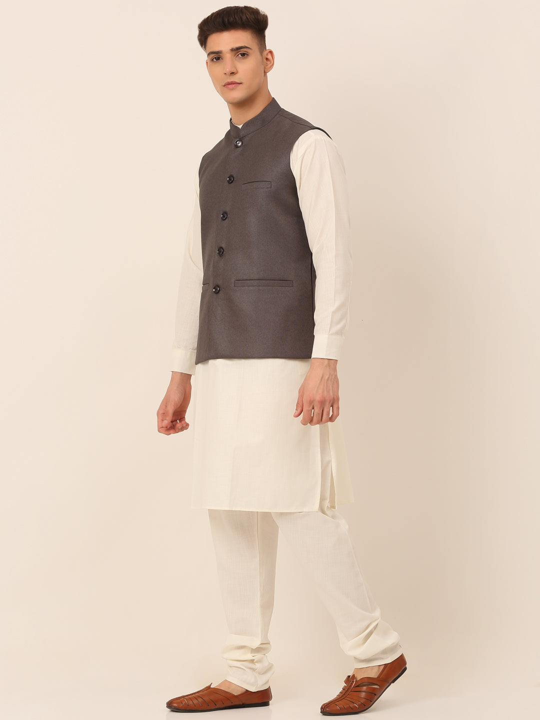 Jompers Men's Solid Kurta Pyjama With Nehru Jacket - Charcoal - Distacart