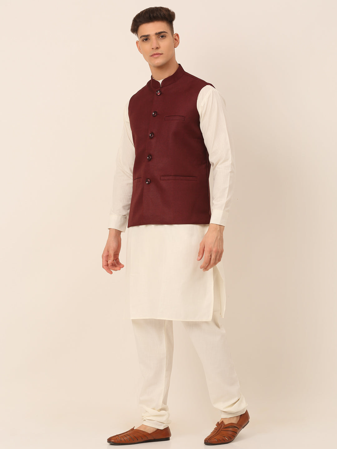 Jompers Men's Solid Kurta Pyjama With Nehru Jacket - Maroon - Distacart