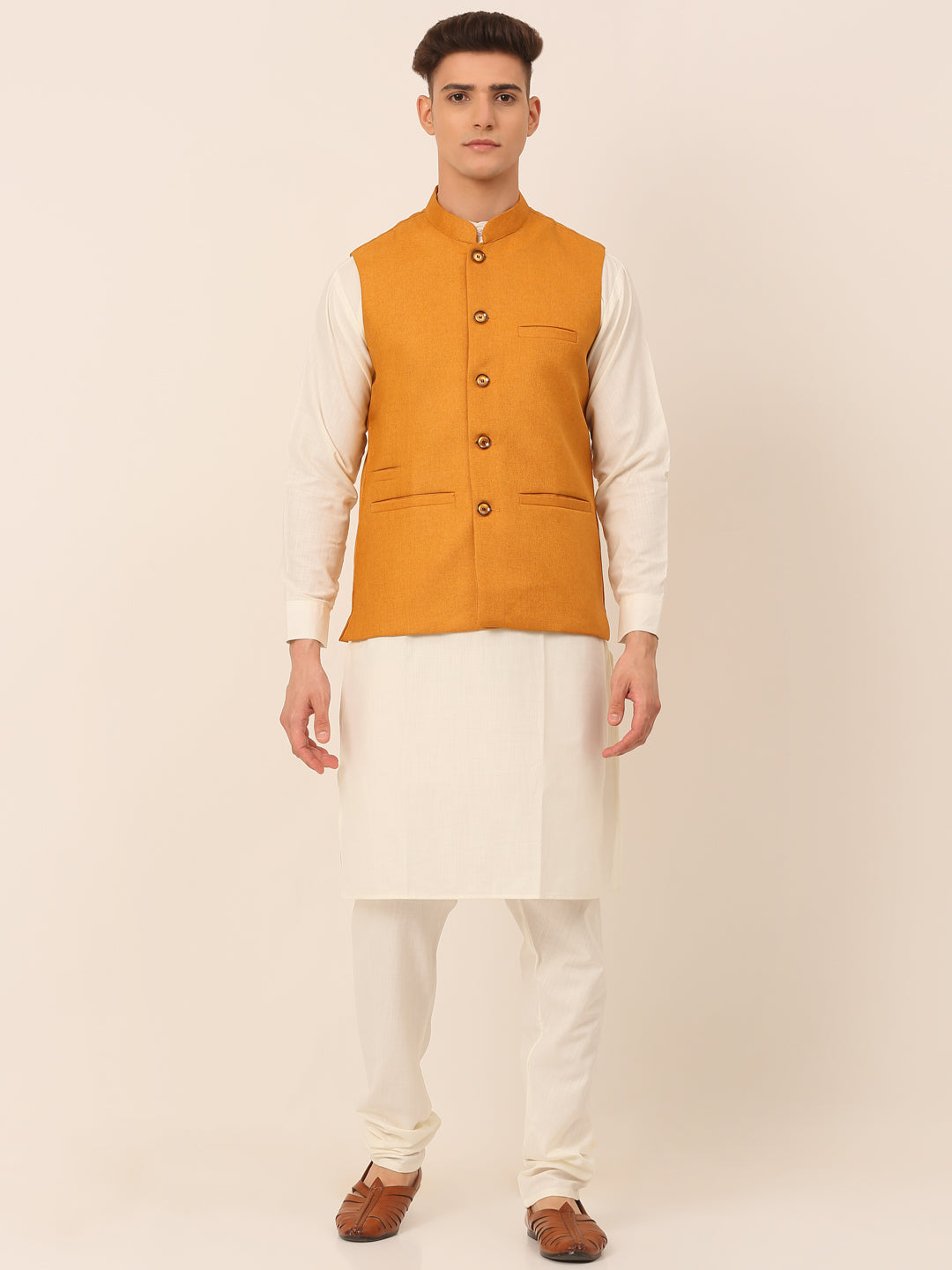 Jompers Men's Solid Kurta Pyjama With Nehru Jacket - Mustard - Distacart