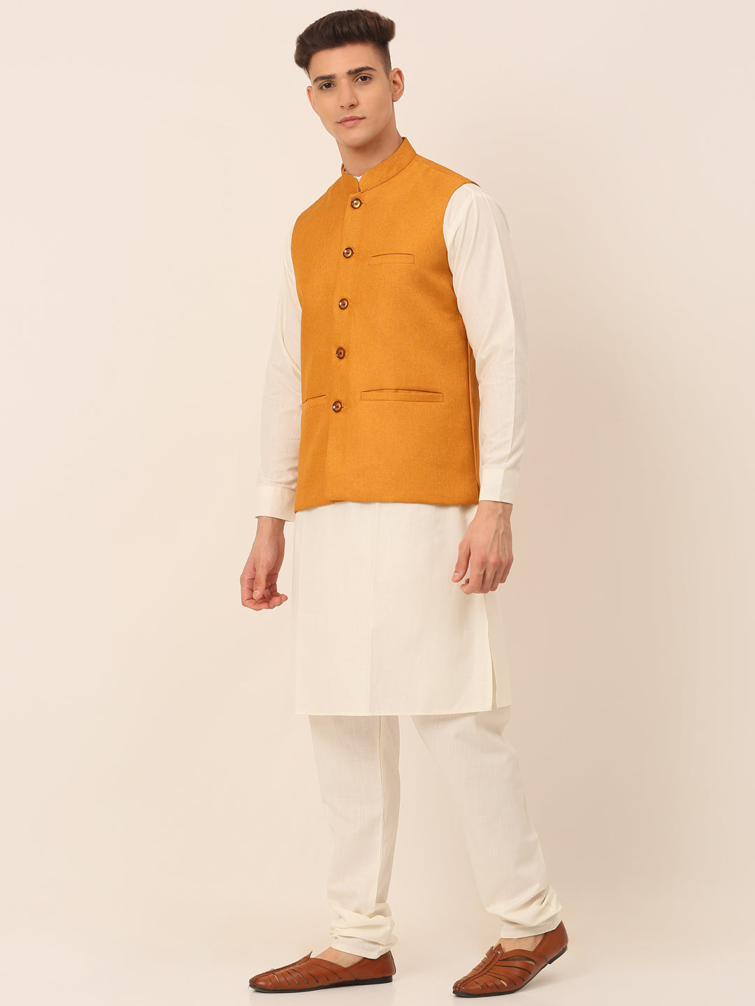 Jompers Men's Solid Kurta Pyjama With Nehru Jacket - Mustard - Distacart