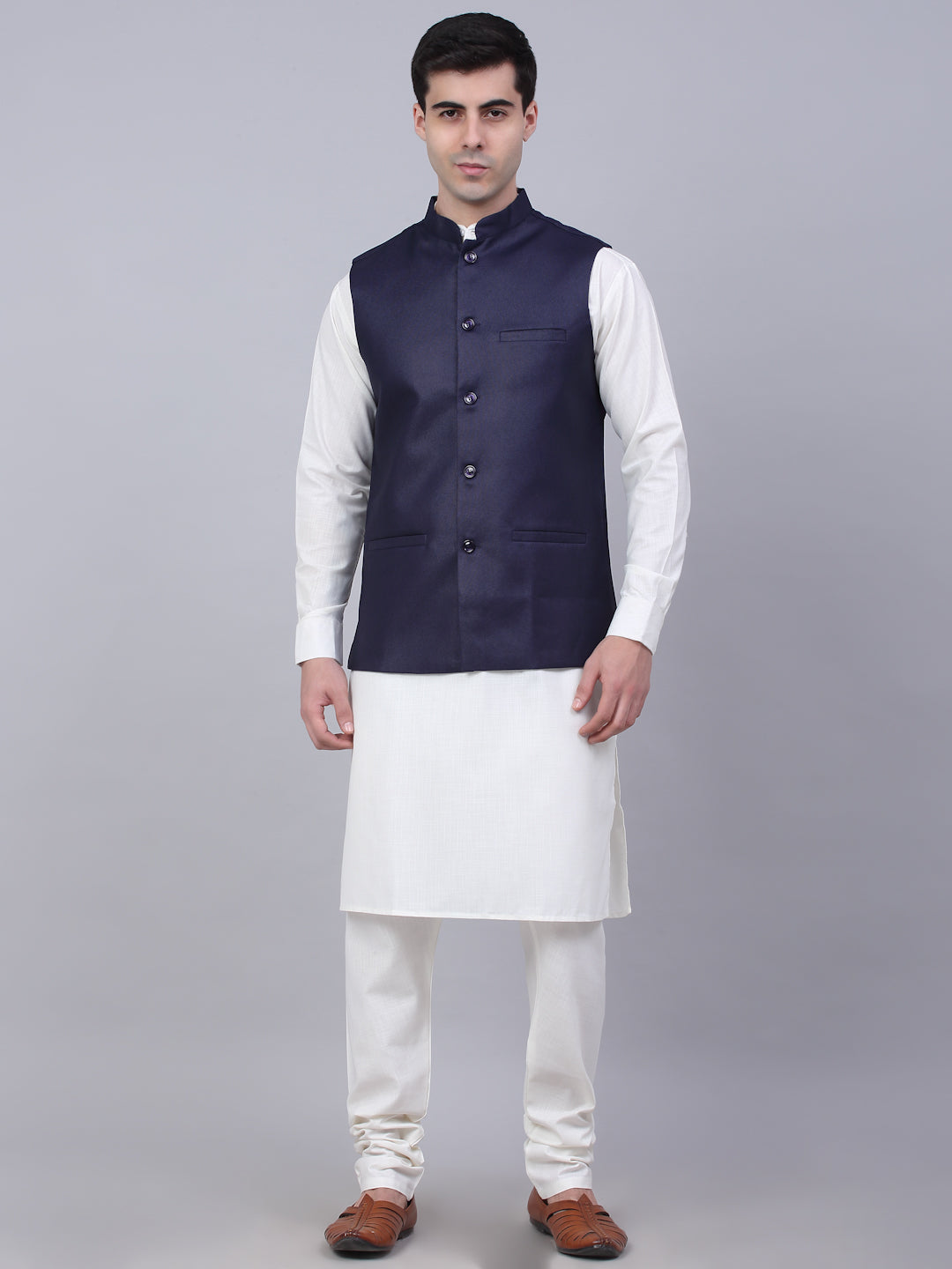 Jompers Men's Solid Kurta Pyjama With Nehru Jacket - Navy Blue - Distacart