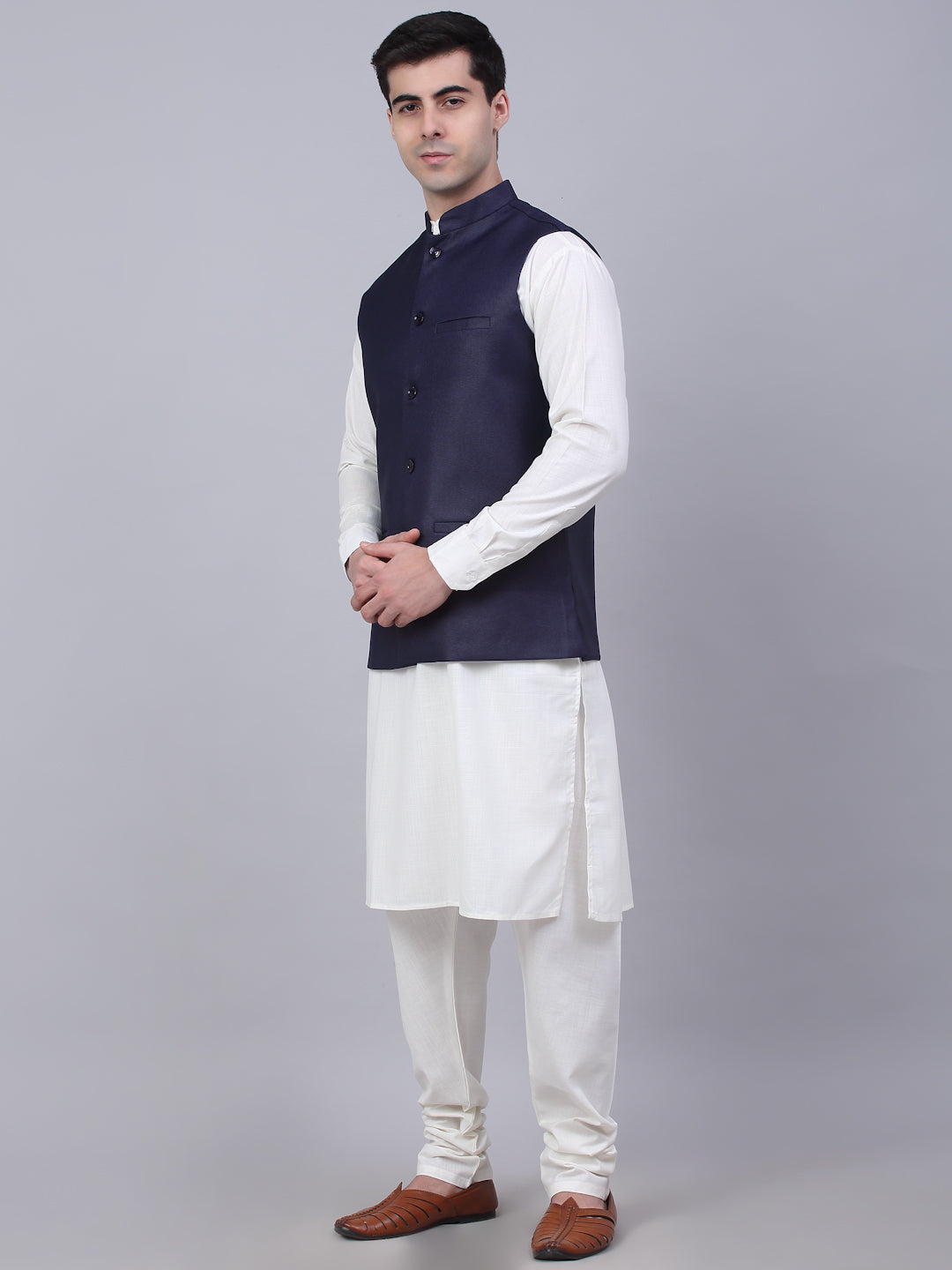 Jompers Men's Solid Kurta Pyjama With Nehru Jacket - Navy Blue - Distacart
