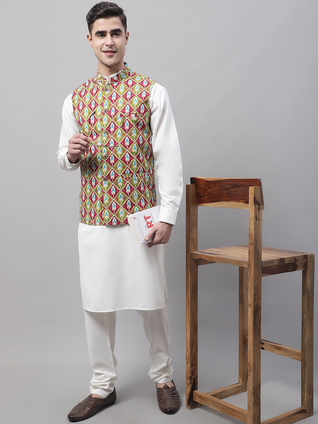 Jompers Men's off-White Solid Kurta Pyjama with Olive Printed Nehru Jacket - Distacart