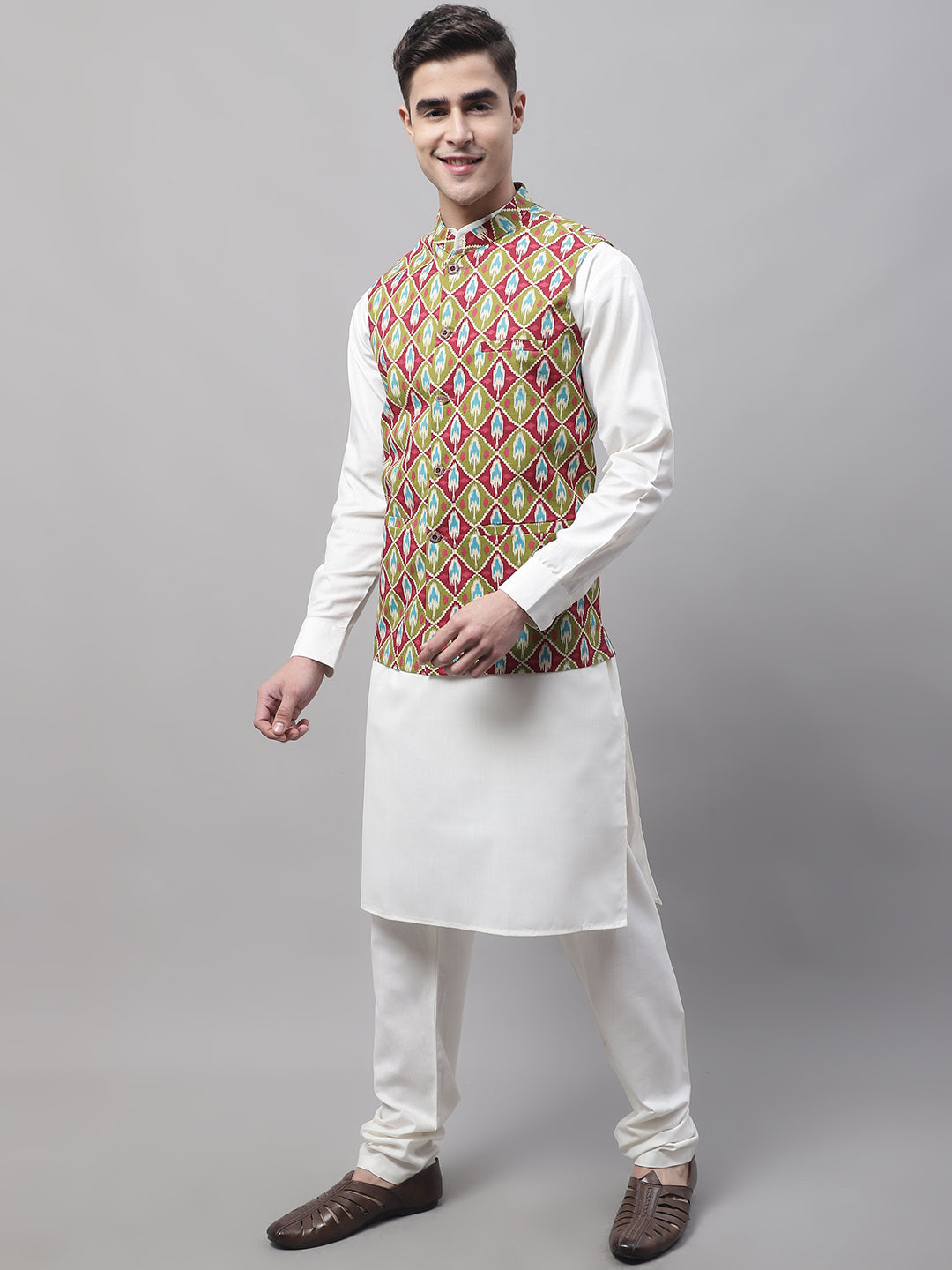 Jompers Men's off-White Solid Kurta Pyjama with Olive Printed Nehru Jacket - Distacart