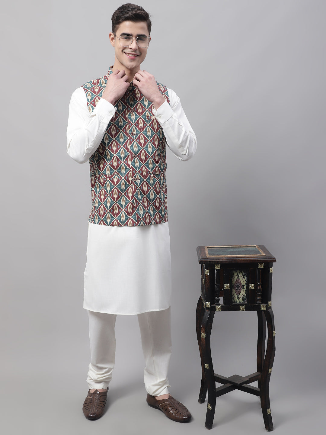 Jompers Men's off-White Solid Kurta Pyjama with Teal Blue Printed Nehru Jacket - Distacart