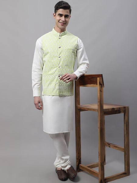 Jompers Men's off-White Solid Kurta Pyjama with Green Embroidered Nehru Jacket - Distacart