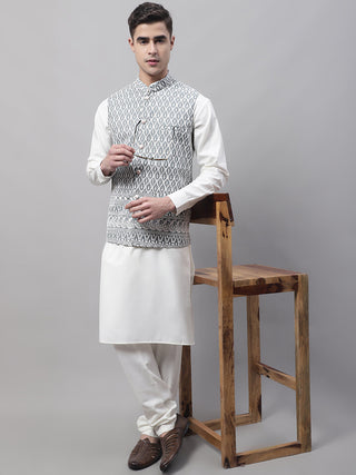 Jompers Men's off-White Solid Kurta Pyjama with Grey Embroidered Nehru Jacket - Distacart