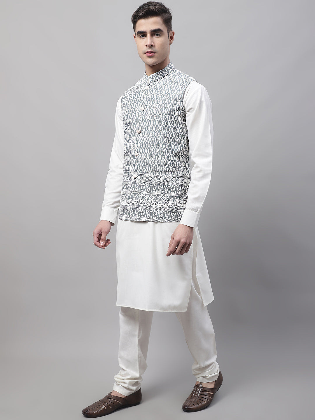 Jompers Men's off-White Solid Kurta Pyjama with Grey Embroidered Nehru Jacket - Distacart