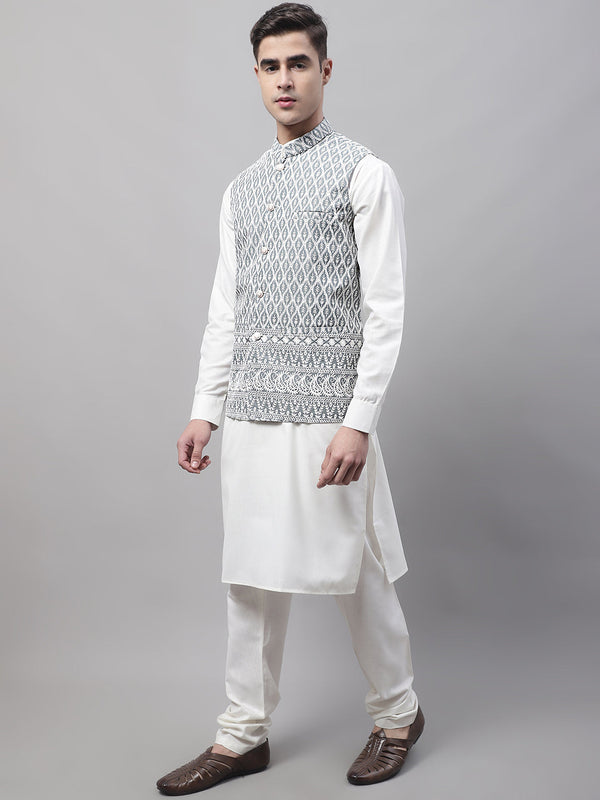 Jompers Men's off-White Solid Kurta Pyjama with Grey Embroidered Nehru Jacket - Distacart