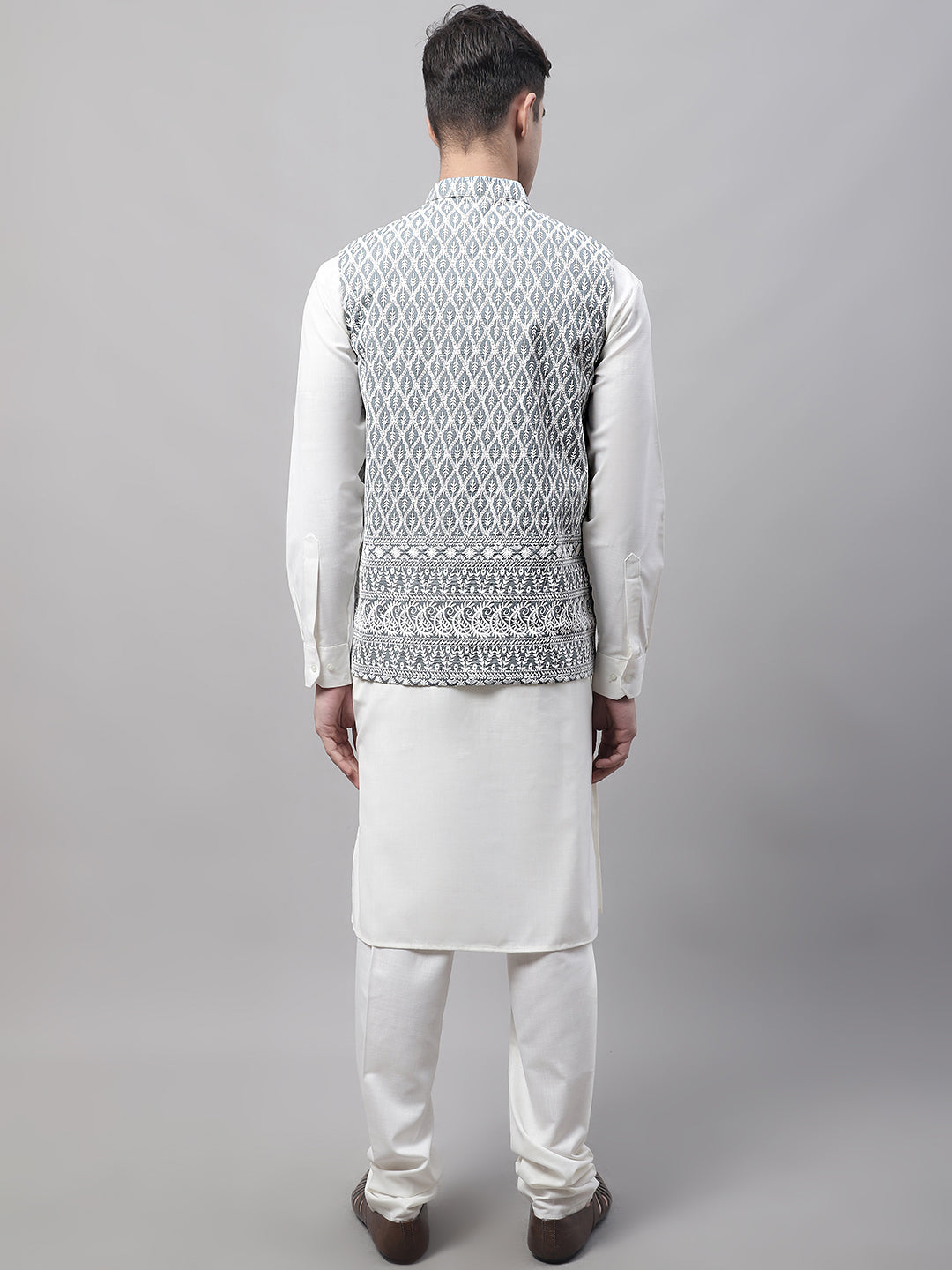 Jompers Men's off-White Solid Kurta Pyjama with Grey Embroidered Nehru Jacket - Distacart