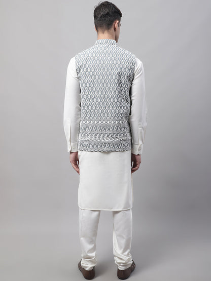 Jompers Men's off-White Solid Kurta Pyjama with Grey Embroidered Nehru Jacket - Distacart
