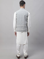 Thumbnail for Jompers Men's off-White Solid Kurta Pyjama with Grey Embroidered Nehru Jacket - Distacart