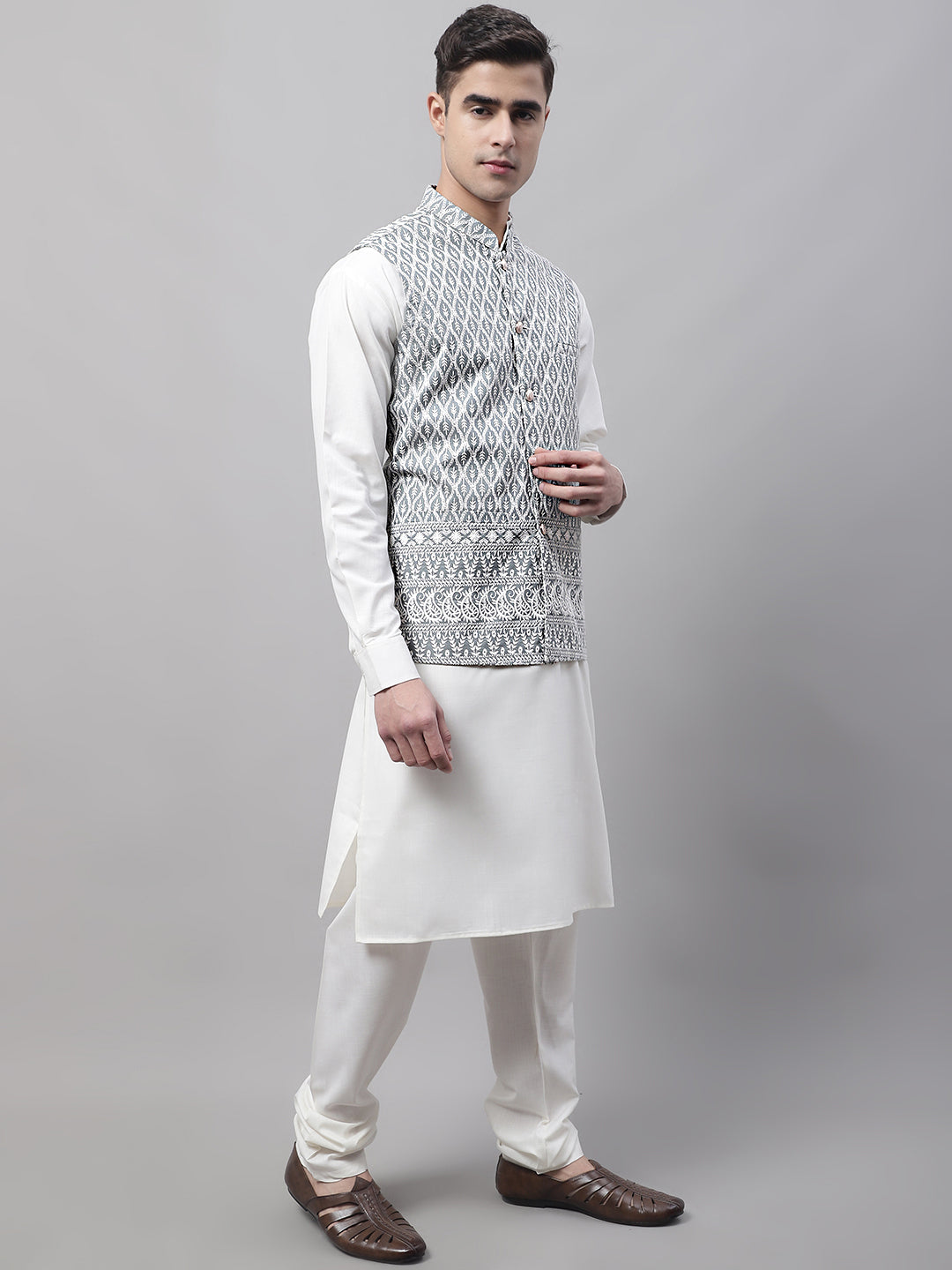 Jompers Men's off-White Solid Kurta Pyjama with Grey Embroidered Nehru Jacket - Distacart