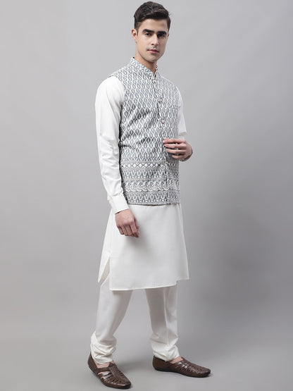 Jompers Men's off-White Solid Kurta Pyjama with Grey Embroidered Nehru Jacket - Distacart