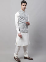 Thumbnail for Jompers Men's off-White Solid Kurta Pyjama with Grey Embroidered Nehru Jacket - Distacart