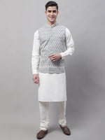 Thumbnail for Jompers Men's off-White Solid Kurta Pyjama with Grey Embroidered Nehru Jacket - Distacart