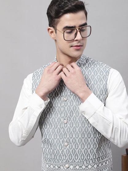 Jompers Men's off-White Solid Kurta Pyjama with Grey Embroidered Nehru Jacket - Distacart