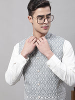 Thumbnail for Jompers Men's off-White Solid Kurta Pyjama with Grey Embroidered Nehru Jacket - Distacart