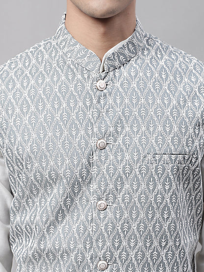 Jompers Men's off-White Solid Kurta Pyjama with Grey Embroidered Nehru Jacket - Distacart