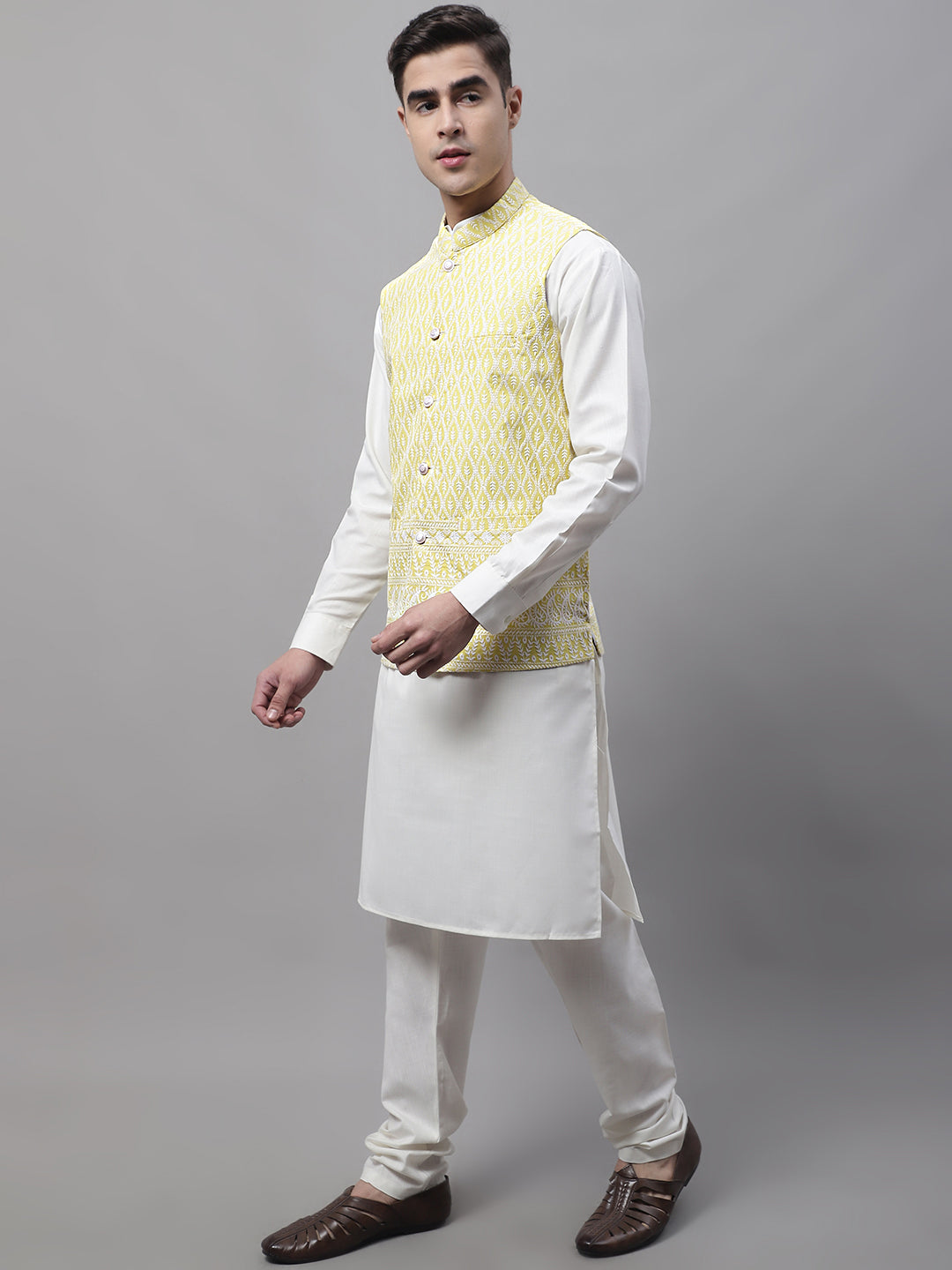 Jompers Men's off-White Solid Kurta Pyjama with Yellow Embroidered Nehru Jacket - Distacart