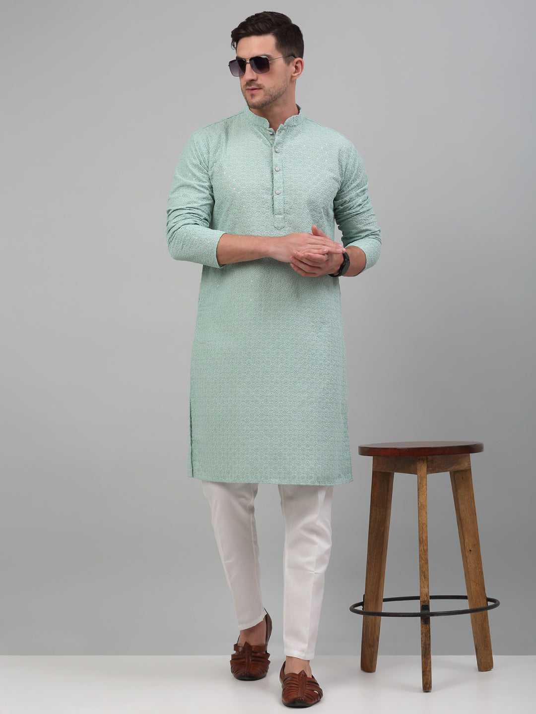 Jompers Men's Green Chikankari Embroidered and Sequence Kurta with Pyjama - Distacart