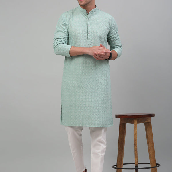 Jompers Men's Green Chikankari Embroidered and Sequence Kurta with Pyjama - Distacart