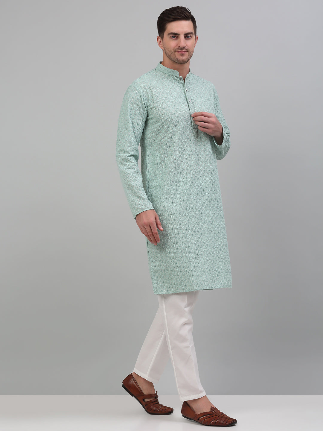 Jompers Men's Green Chikankari Embroidered and Sequence Kurta with Pyjama - Distacart