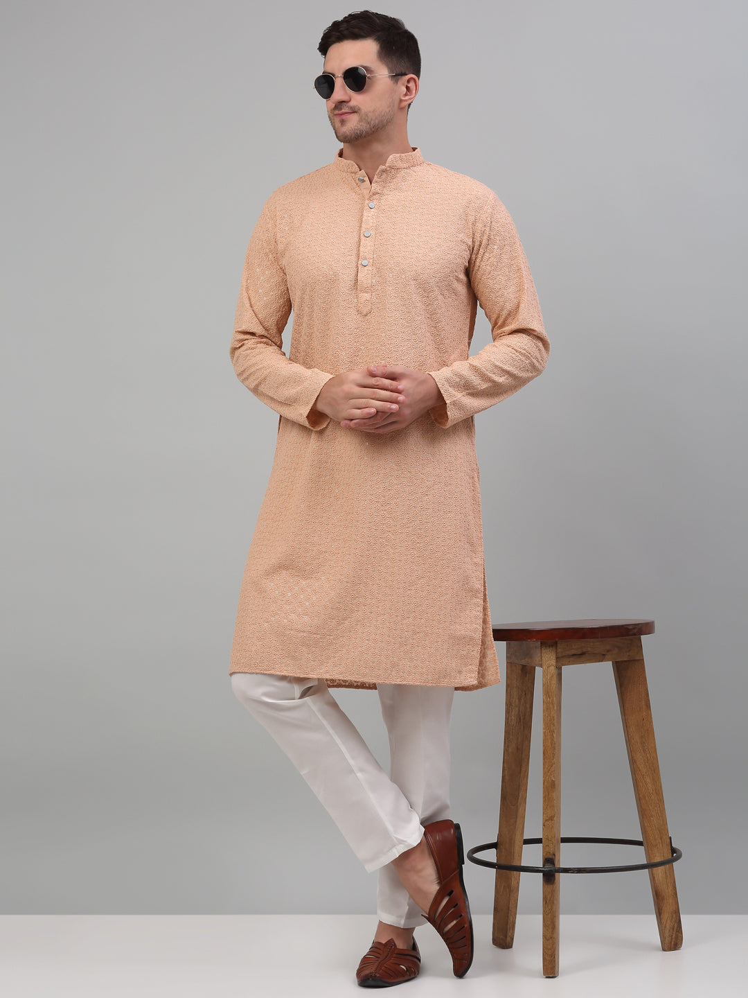 Jompers Men's Peach Chikankari Embroidered and Sequence Kurta with Pyjama - Distacart