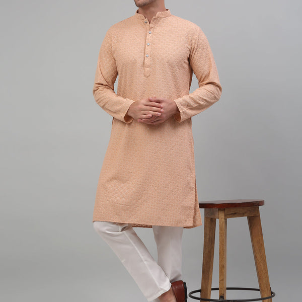 Jompers Men's Peach Chikankari Embroidered and Sequence Kurta with Pyjama - Distacart
