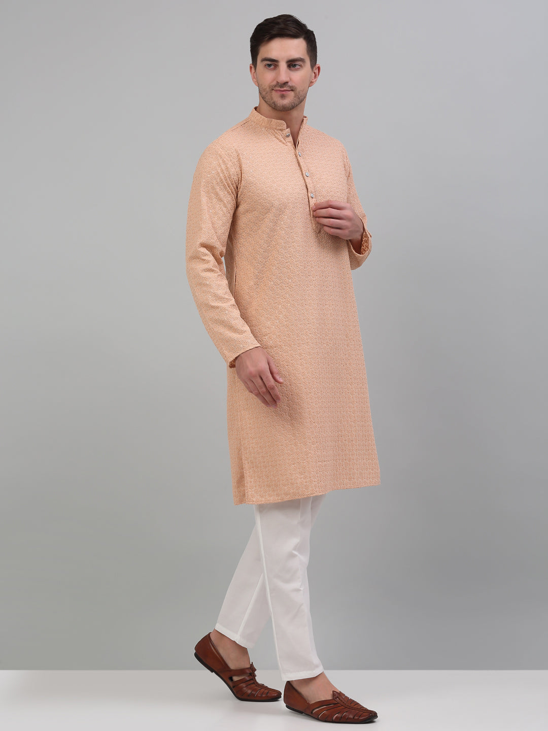 Jompers Men's Peach Chikankari Embroidered and Sequence Kurta with Pyjama - Distacart