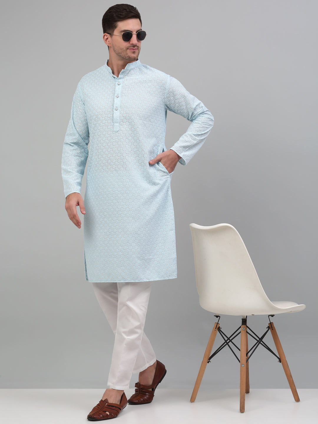 Jompers Men's Sky Blue Chikankari Embroidered and Sequence Kurta with Pyjama - Distacart
