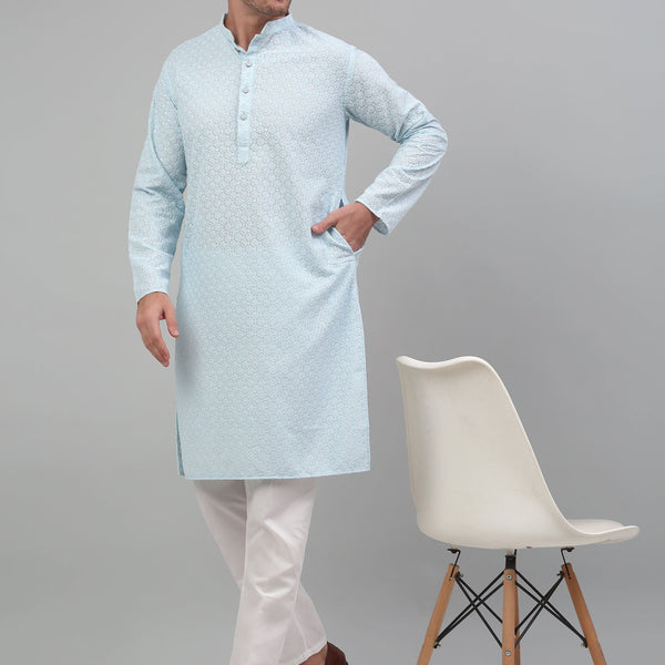 Jompers Men's Sky Blue Chikankari Embroidered and Sequence Kurta with Pyjama - Distacart