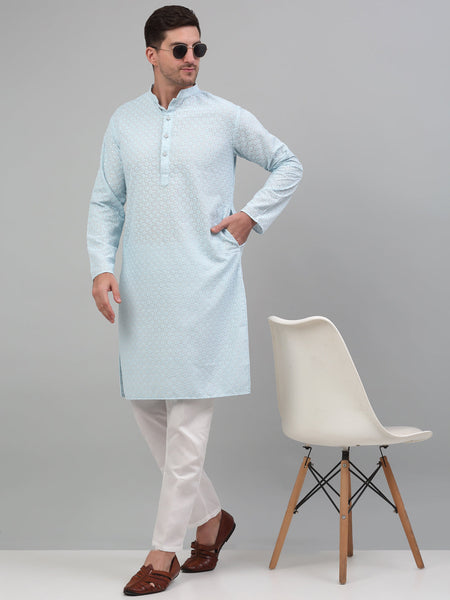 Jompers Men's Sky Blue Chikankari Embroidered and Sequence Kurta with Pyjama - Distacart