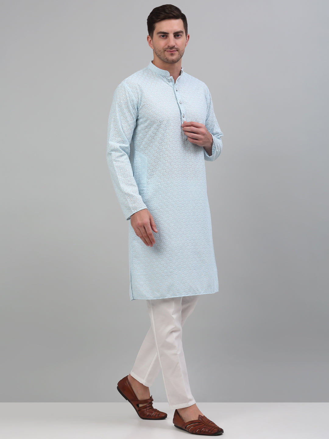 Jompers Men's Sky Blue Chikankari Embroidered and Sequence Kurta with Pyjama - Distacart