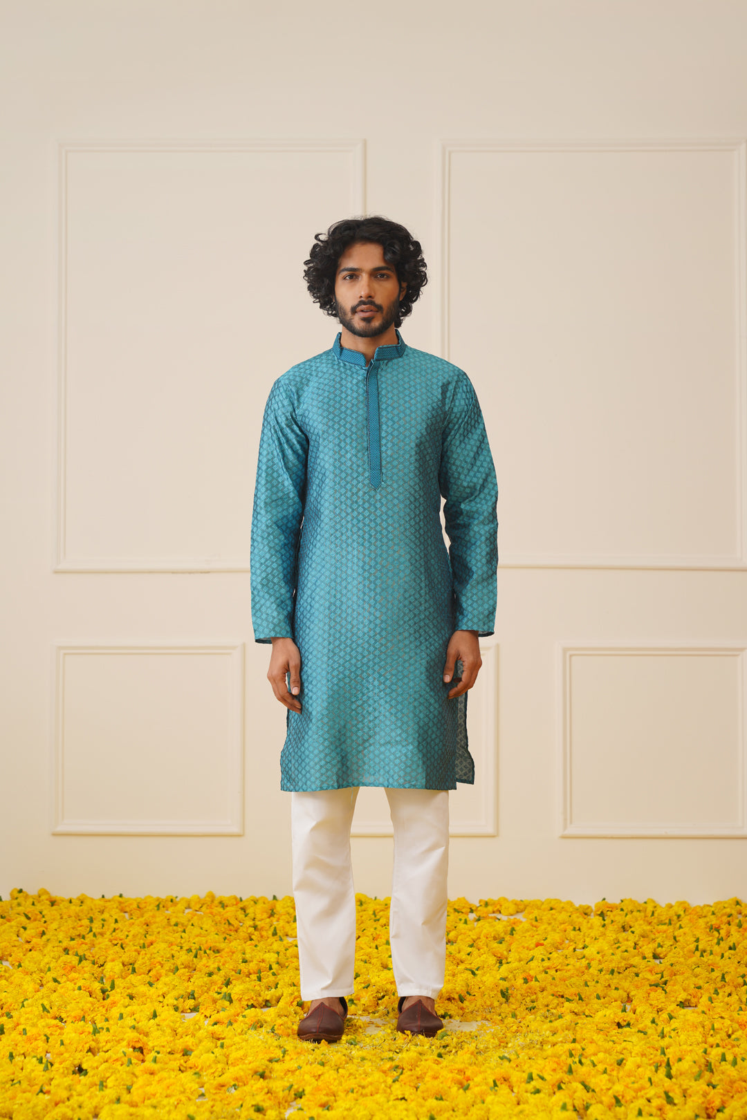 Jompers Men's Peacock Blue Collar Embroidered Kurta - Peacock - Distacart