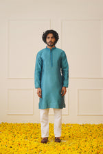 Thumbnail for Jompers Men's Peacock Blue Collar Embroidered Kurta - Peacock - Distacart