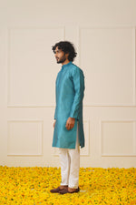 Thumbnail for Jompers Men's Peacock Blue Collar Embroidered Kurta - Peacock - Distacart