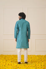Thumbnail for Jompers Men's Peacock Blue Collar Embroidered Kurta - Peacock - Distacart