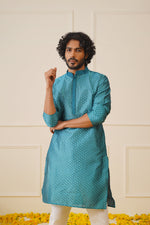 Thumbnail for Jompers Men's Peacock Blue Collar Embroidered Kurta - Peacock - Distacart