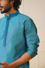 Thumbnail for Jompers Men's Peacock Blue Collar Embroidered Kurta - Peacock - Distacart