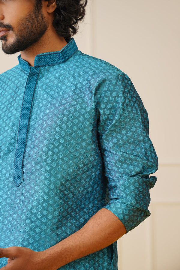 Jompers Men's Peacock Blue Collar Embroidered Kurta - Peacock - Distacart