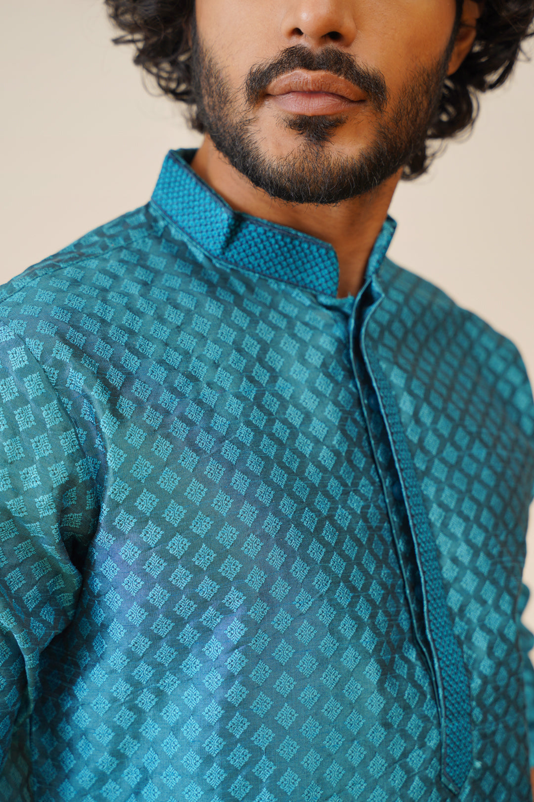 Jompers Men's Peacock Blue Collar Embroidered Kurta - Peacock - Distacart